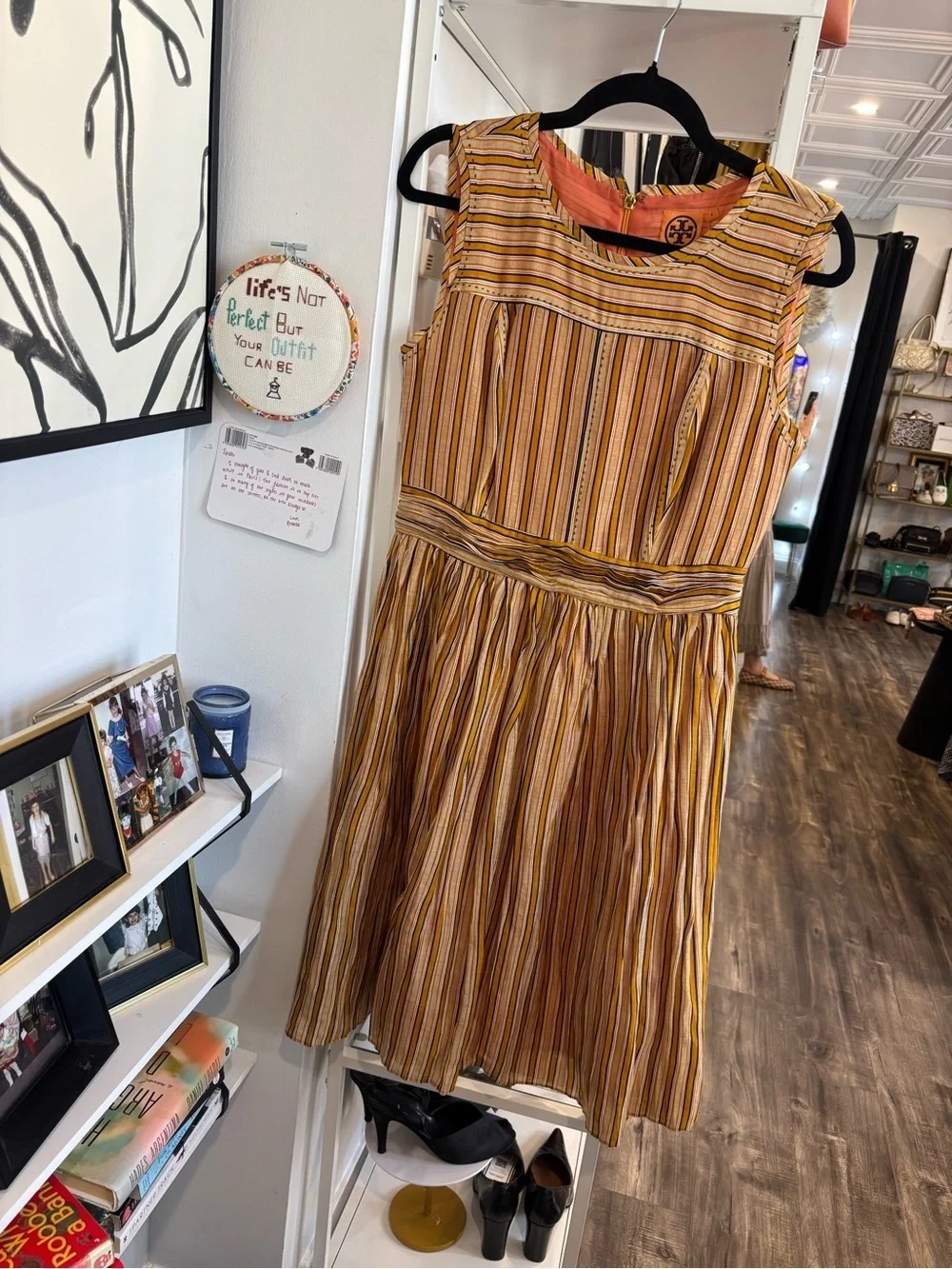 Tory Burch Striped Dress in Mustard, Coral & Navy